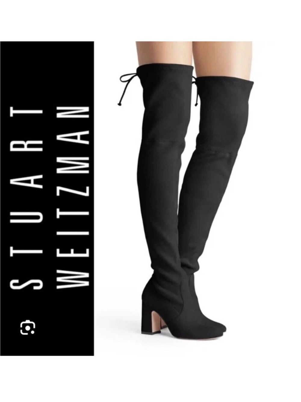 Stuart Weitzman Kristie Black Over-the-Knee Heel Boots with Top Tie Sz.9.5 suede